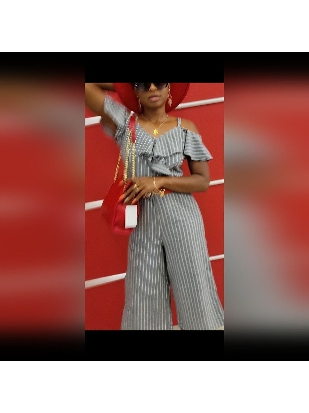 UMGEE - Gray & White Striped Cold-Shoulder Ruffle Jumpsuit - Picture 4 of 7
